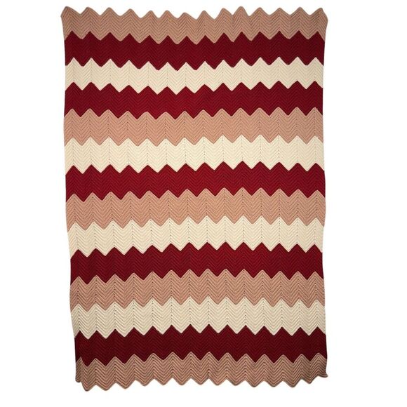 Hand Knit Throw Afghan Blanket Chevron Pattern Red Ivory Pink  48" x 66" Cozy - Picture 1 of 7